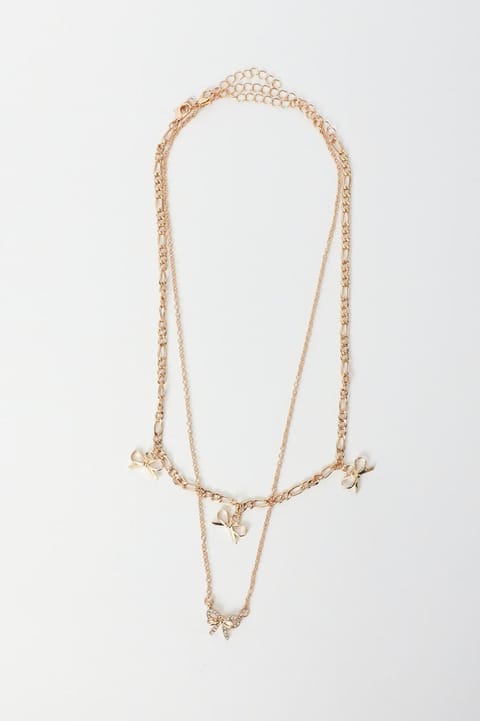 2 Layer Diamante Bow Necklace - Gold