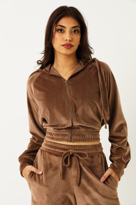 Long Sleeve Velour Zip Through - Mocha