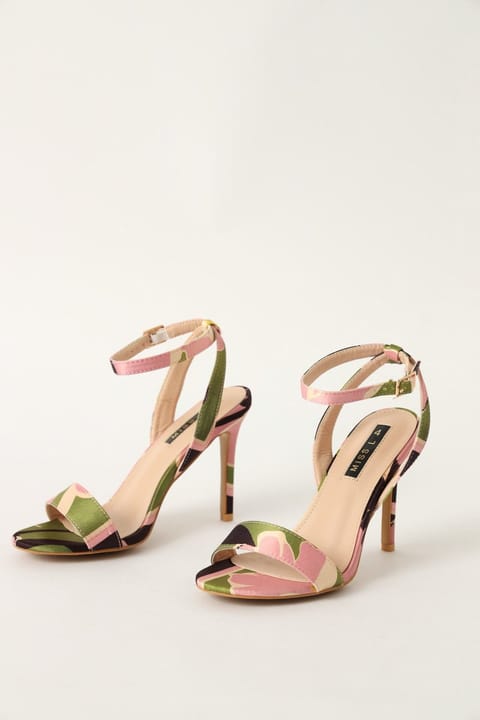 Printed Satin Mule High Stiletto Heel - Multi