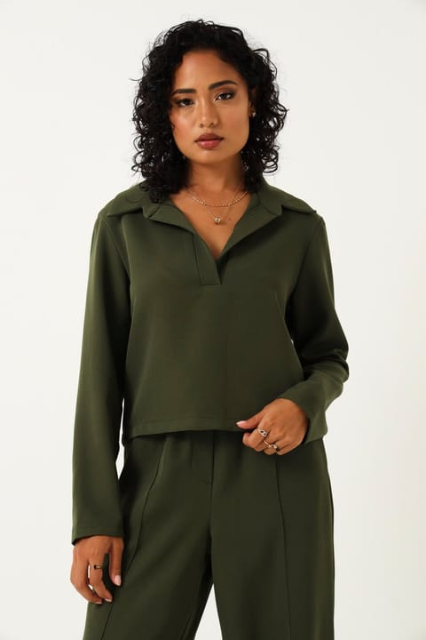Long Sleeve Collared Barbi Pullover - Fatigue
