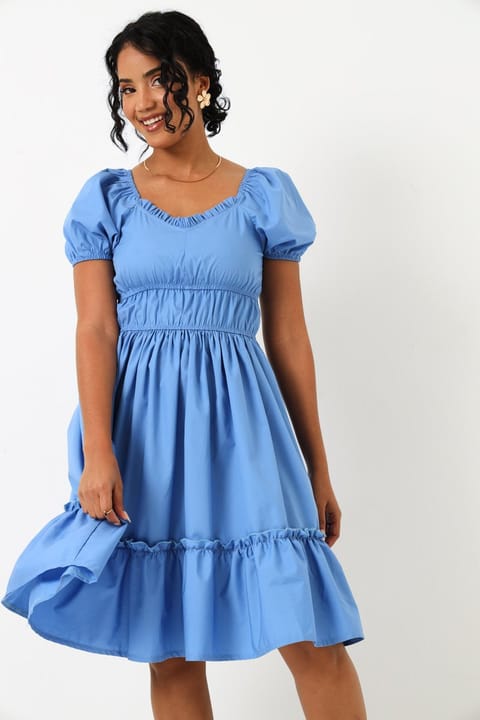 Puff Sleeve Ruffle Detail Poplin Mini Dress - Blue
