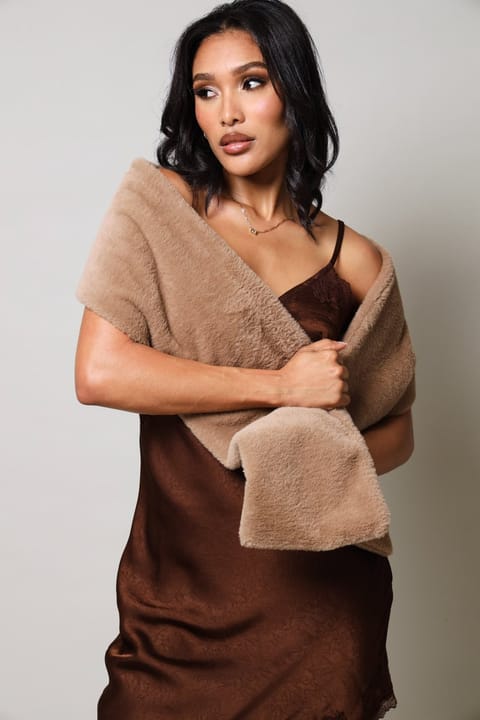 Longer Length Faux Fur Shawl - Brown