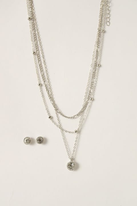 3 Layer Diamond Necklace & Matching Earring - Silver Grey