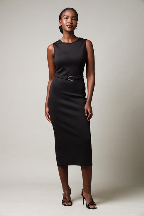 Sleeveless Belt Buckle Dress - Black