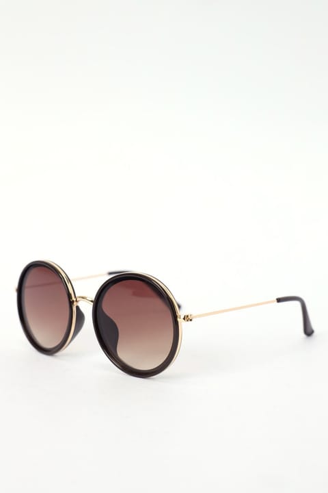 Round Frame Metal Temple Sunglasses - Chocolate