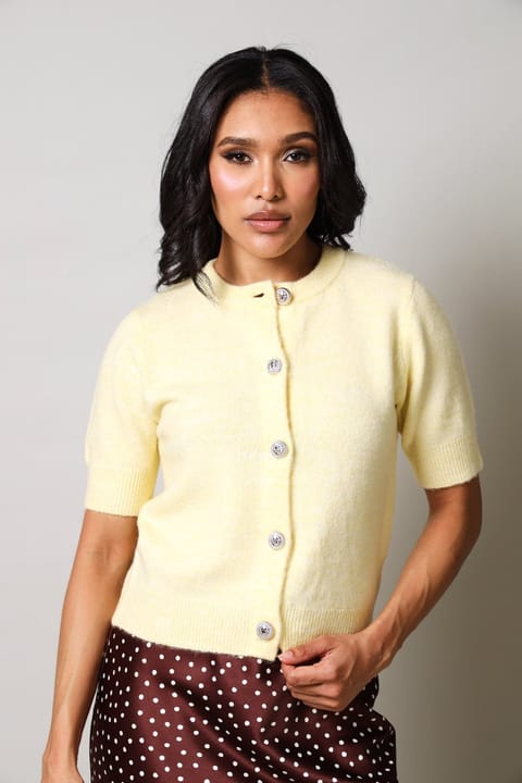 Short Sleeve Button Down Knitwear Top - Yellow