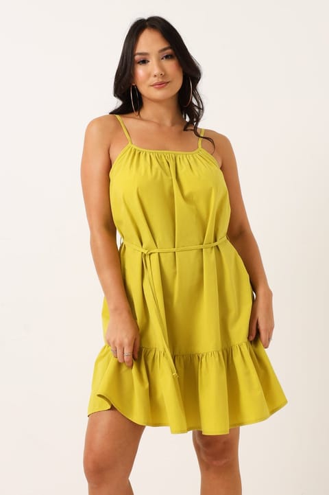 Strappy Frill Hem Flare Mini Dress - Chartreuse
