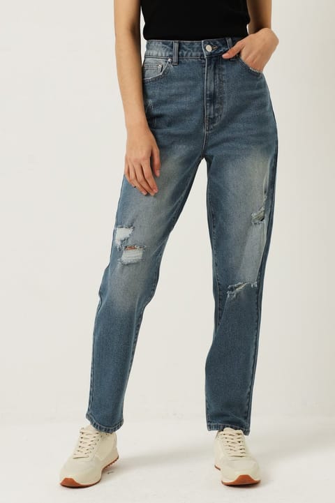 Tinted Abraised Mom Jean - Stonewash