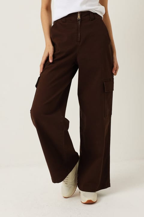 Zip Detail Cargo Wide Leg - Chocolate