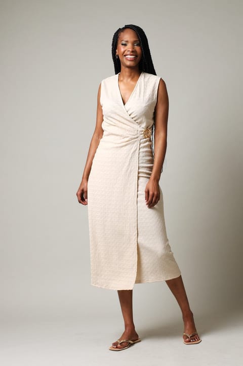 Sleeveless Textured Wrap Dress - Nude
