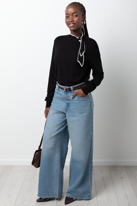 Long Sleeve Turtleneck Tie Top Black