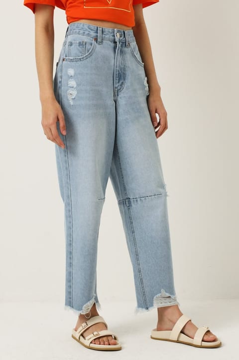 Raw Hem Abraised Barrel Jean - Stonewash