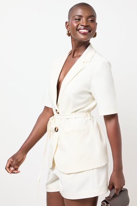 Cream Short Sleeve Belted Blazer