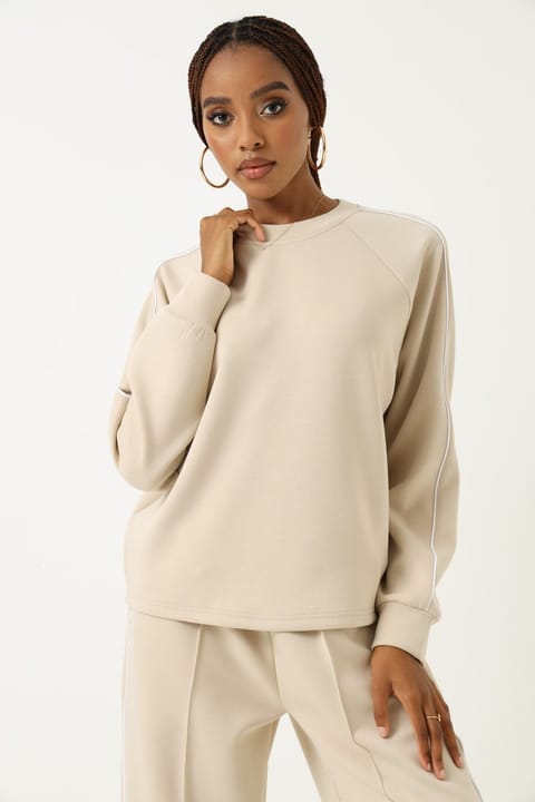 Long Sleeve Piping Detail Soft Touch Pullover - Stone