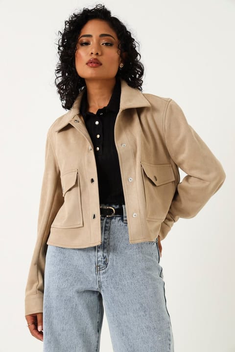 Long Sleeve Pocket Detailed Suede Jacket - Sand