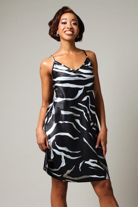 Sleeveless Printed Satin Mini Lace Detail Dress - Black/Cream