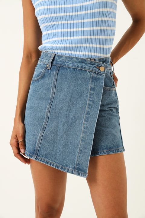 Seam Detail Denim Skort - Stonewash