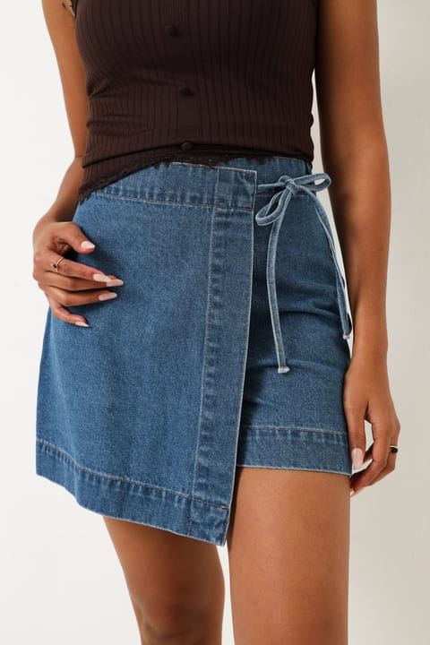 Tie Detail Denim Skort - Mid Wash