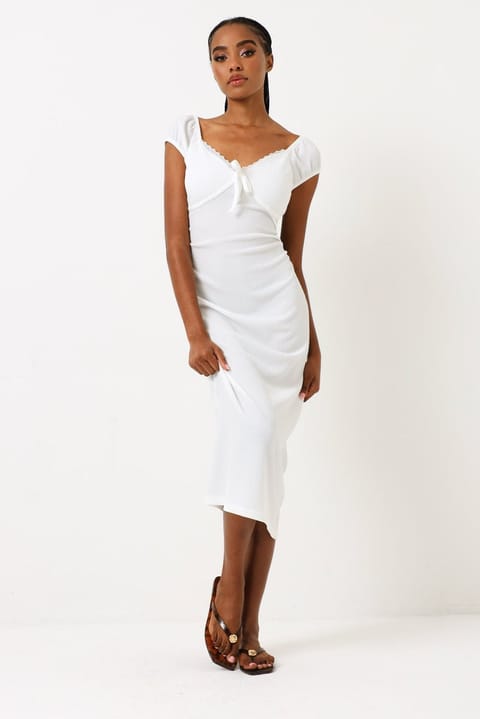 Crinkle Knit Lace Detail Midi Dress - White
