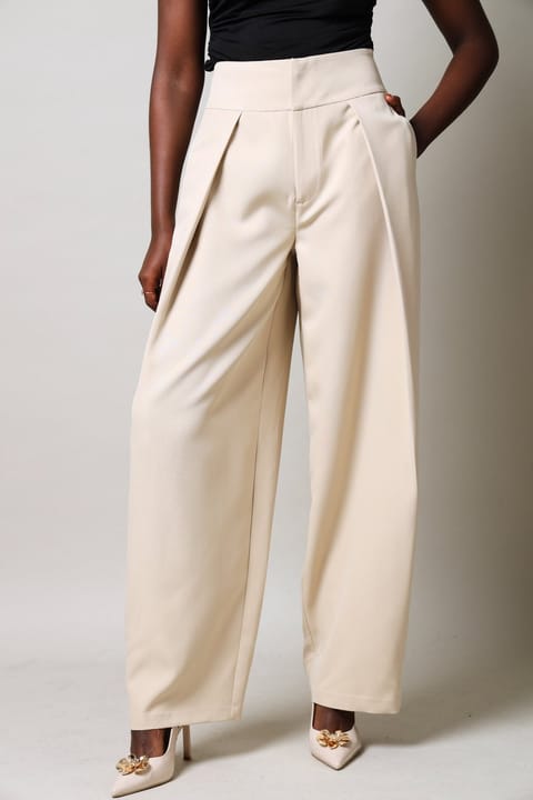 Wide Leg Waistband Pleat Detail Pants - Beige