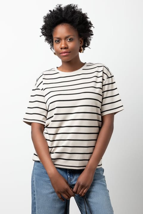 Stripe Short Sleeve T-Shirt Natural And Black