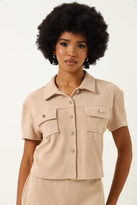 Short Sleeve Textured Waffle Knit Collared Cardigan - Beige