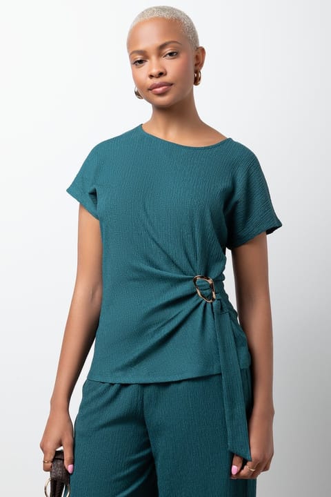 Short Sleeve Crinkle Top With Trim Green
