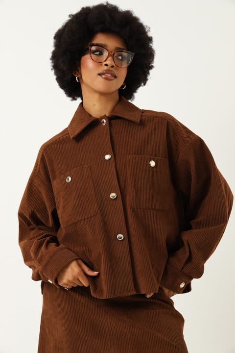 Boxy Cord Shacket With Gold Shanks -Chocolate