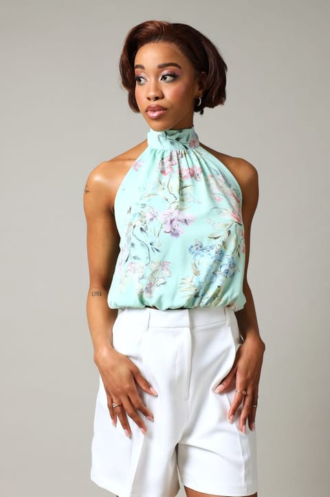 Sleeveless Floral Print Bubble Hem Top - Blue