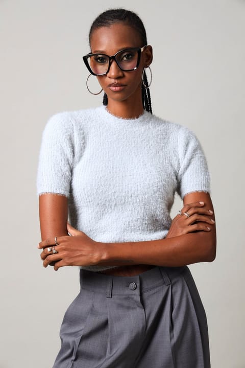 Short Sleeve Fluffy Knitwear Top - Grey