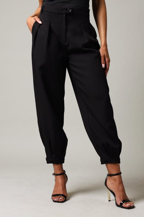 Cuff Detail Wide Leg Pants - Black