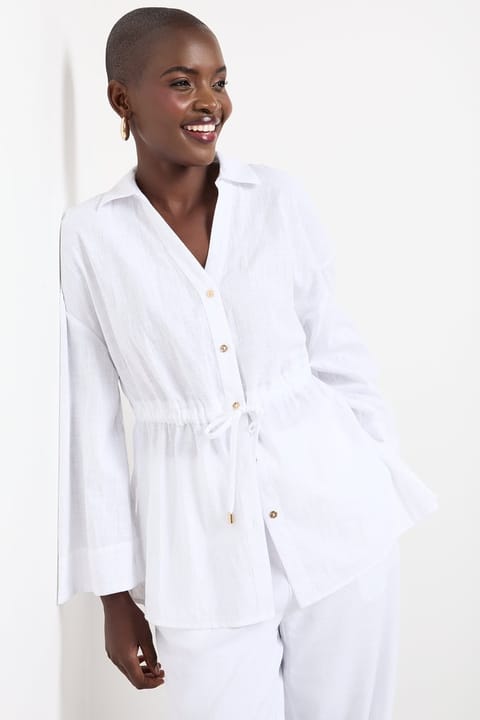 White Linen Blend Kimono Shirt