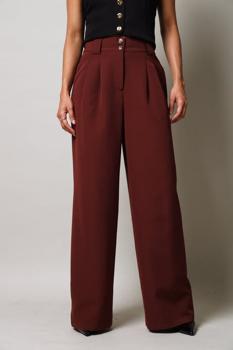 Button Detail Wide Leg Pants - Brown