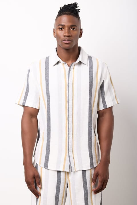Natural Striped Textured Short-Sleeve Shirt