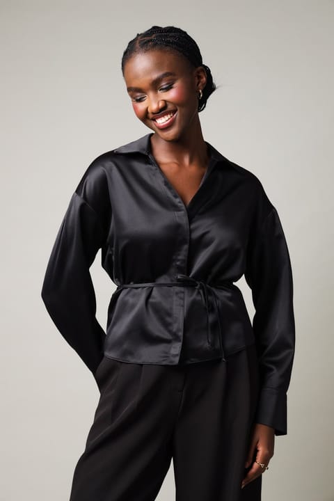 Long Sleeve Satin Shirt Waist Tie Top - Black