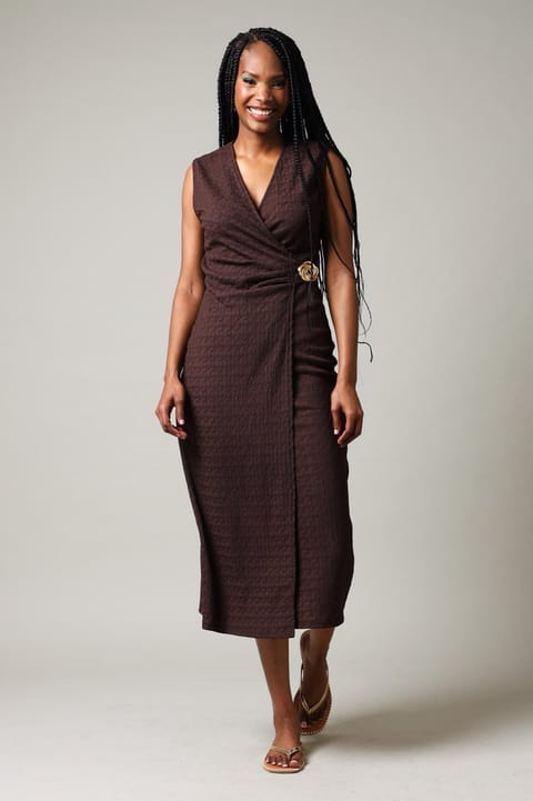Sleeveless Textured Wrap Dress - Brown
