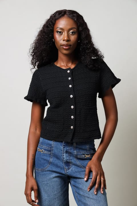 Short Sleeve Fancy Button Down Textured Top - Black