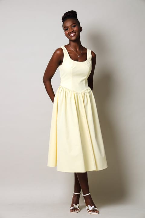 Sleeveless Drop Waist Prom Dress - Butter Yellow