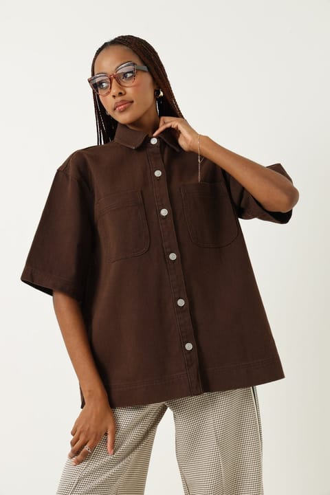 Short Sleeve Denim Shacket - Chocolate