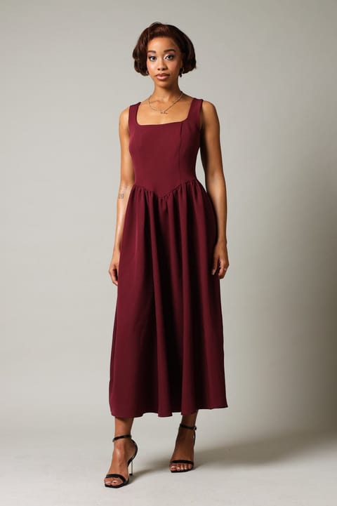 Sleeveless Fit And Flare Dress - Burgundy