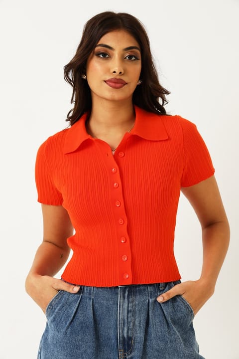 Button Through Knitwear Golfer - Orange
