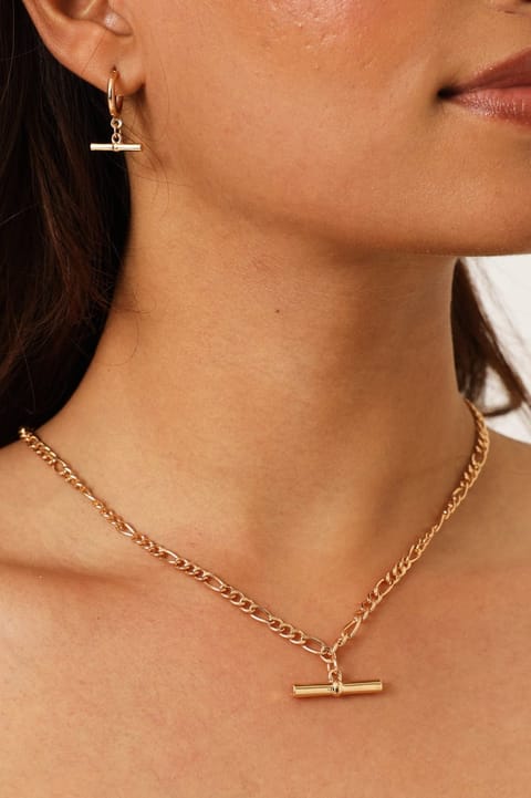 T-Bar Pendant Necklace & Matching Hoop Earrings - Gold